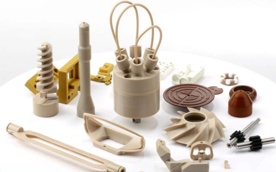 Assortment of injection-molded PEEK partscomponents including springs, connectors, housings, and technical parts