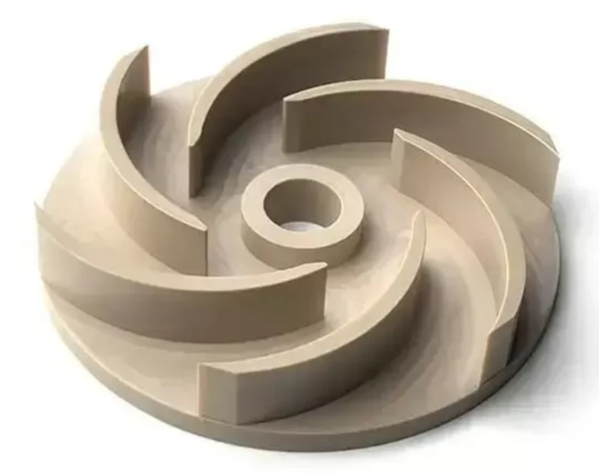 Beige PEEK centrifugal pump impeller with curved vanes and central hub for chemical processing
