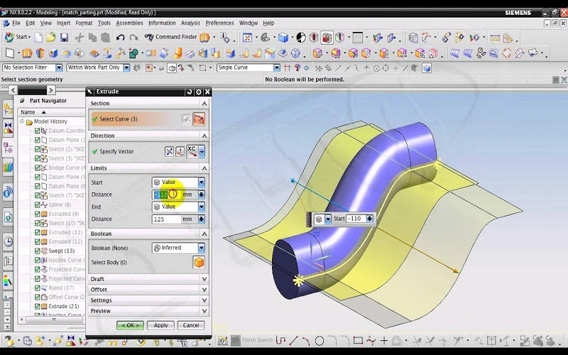 A screenshot of an injection mold parting line simulation for a curved pipe section