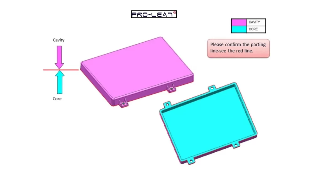 The image shows the planar parting line where the cavity (pink) and core (cyan) halves of a mold meet during the injection molding process.