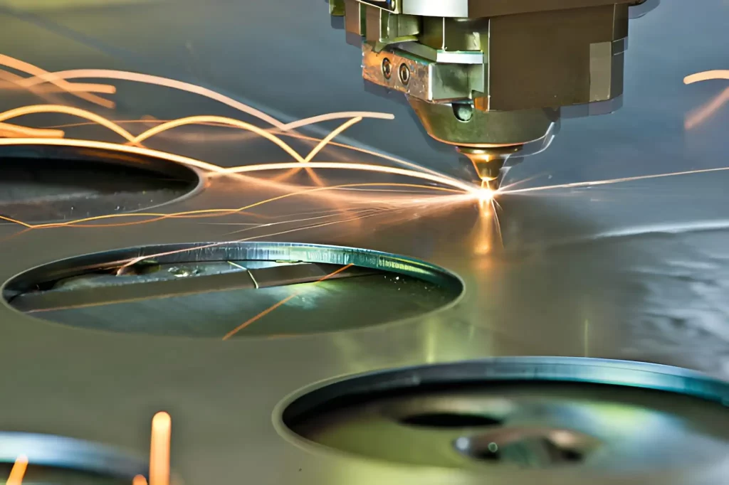 A laser cutting machine producing precise round shapes on metal sheets for aerospace components.