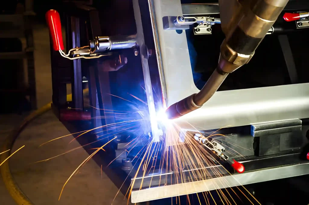 An automated robotic arm performs precision welding on metal components, emitting bright sparks.