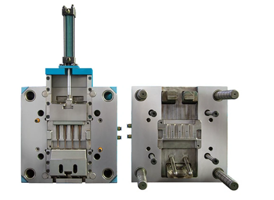 Front and side views of an open steel mold for shaping TPE material parts in a TPE injection mold showing cavity, ejector pins, and sprue bushing.