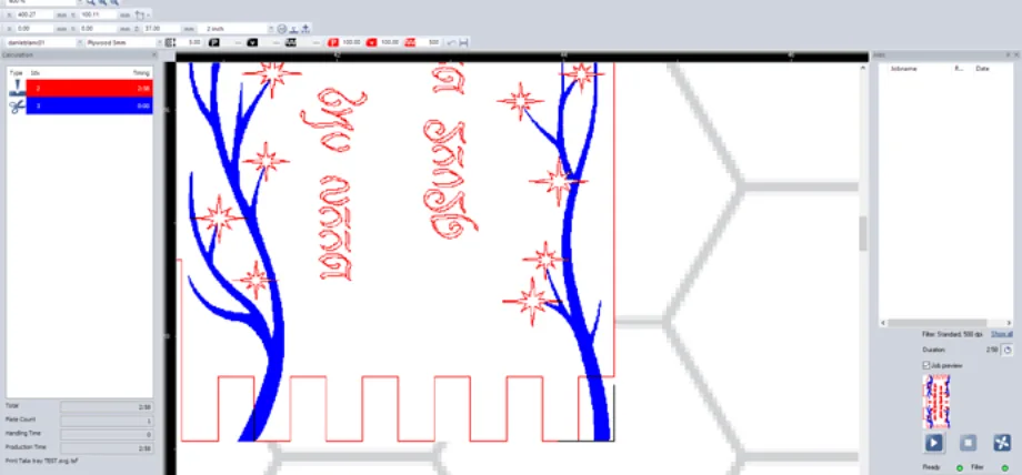 Laser cutting software preview with red cut paths for 