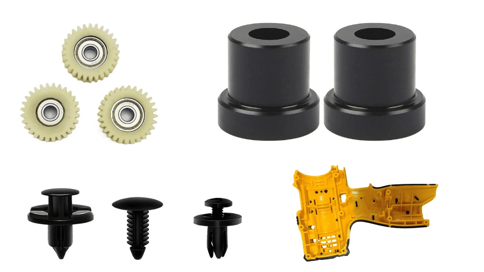 Injection molded nylon parts; gears, bushings, screws, and tool housing