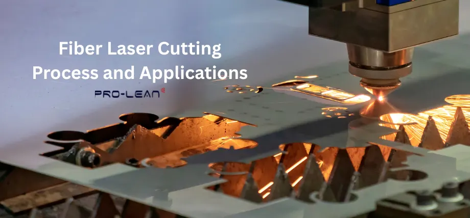 fiber laser cutter creating detailed cutouts in a metal sheet, surrounded by bright plasma and flying sparks, with text “Fiber laser cutting process and applications”