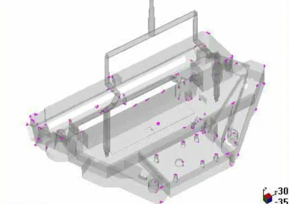 Mold flow simulation of a plastic part with multiple air trap locations marked by pink dots throughout the cavity