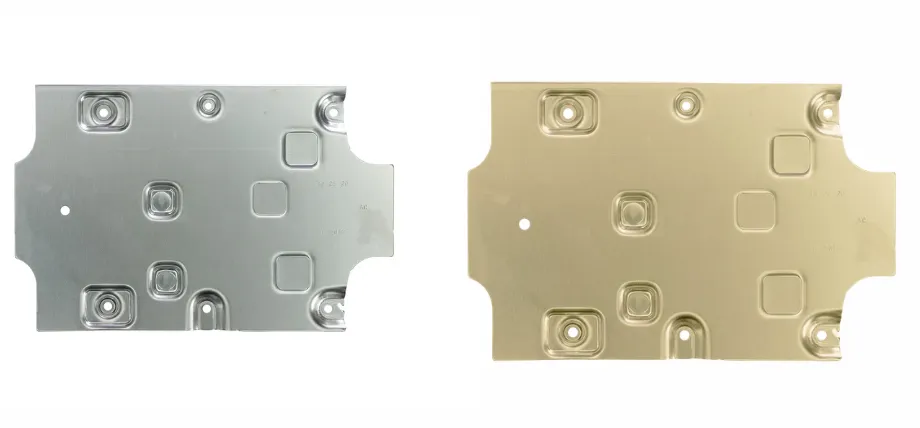 A side-by-side comparison of a raw silver aluminum stamped part and an identical part with a gold-tinted Alodine conversion coating.