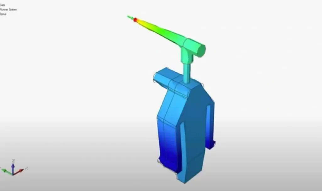 Mold flow gate location analysis simulation of a plastic part showing fill temperature gradient from red at the gate to blue at the extremities