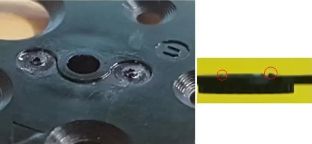 Photos of high gate vestige defects on injection-molded parts, with red circles highlighting raised gate marks on a yellow part