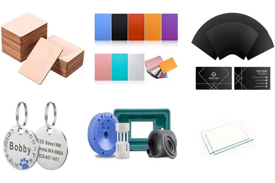 Various materials used for laser cutting, including metal, acrylic, plastic, wood, and glass sheets.