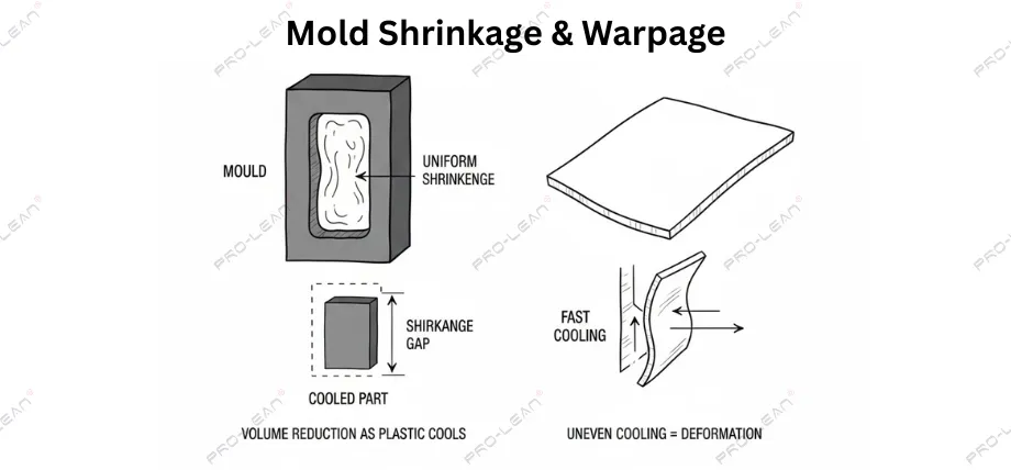 A technical illustration showing how plastic parts reduce in volume and warp during the cooling process inside a mold