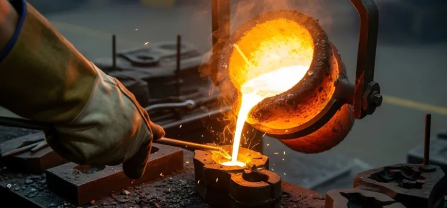 Molten aluminum being poured from a glowing orange crucible into a mold within a foundry setting.