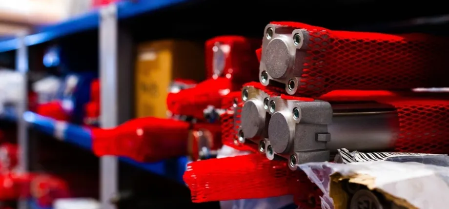 Close-up of metallic pneumatic cylinders wrapped in red protective netting, stored on warehouse shelves for contract manufacturing inventory.