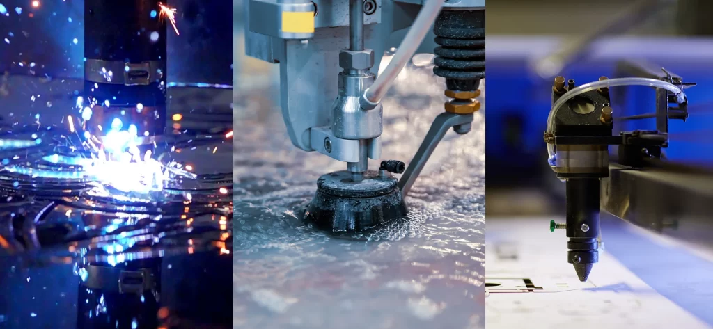 Plasma, waterjet, and laser cutting machines in operation.