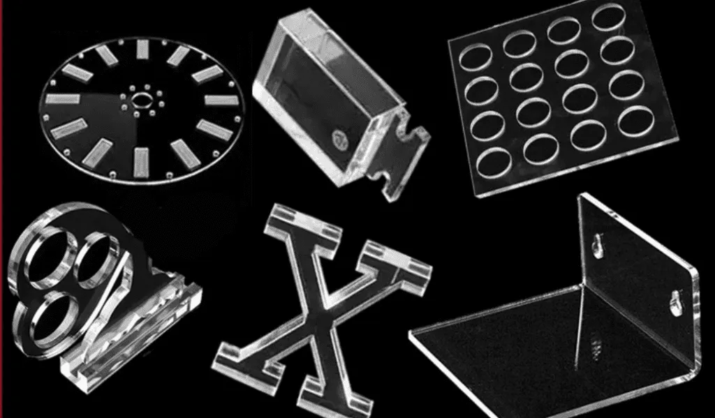 6 different shapes of polycarbonate, including X-shaped and round pieces cut by a Laser cutter
