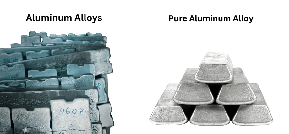 Side-by-side comparison of stacked aluminum alloy ingots with bluish oxidized surfaces and markings on the left, versus smoother, brighter pure aluminum ingots