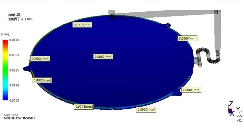 Autodesk Moldflow Insight sink mark estimation for injection molding simulation on an oval plastic part, with depth measurements in millimeters annotated across the surface