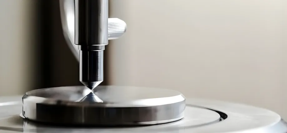 Close-up of a diamond indenter performing a precision hardness test on a highly polished Monel sample