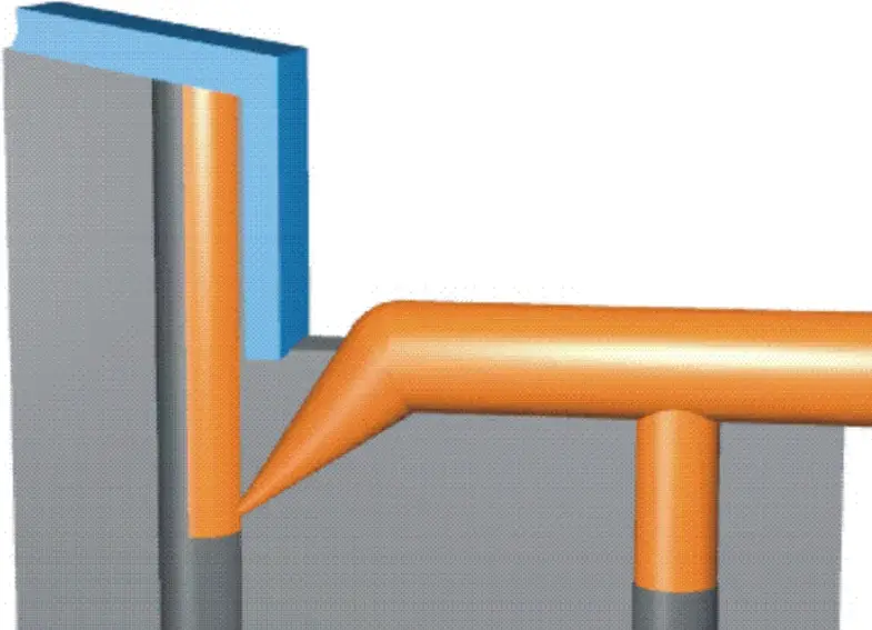 Cutaway illustration of a submarine gate runner system angled beneath the parting line to feed into a molded part from below