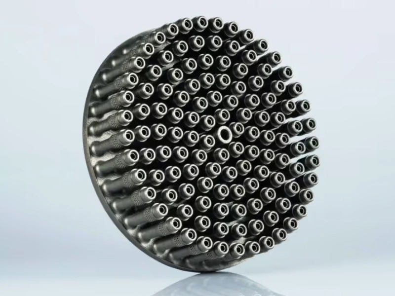 3D printed metal rocket engine injector plate with numerous small nozzle openings