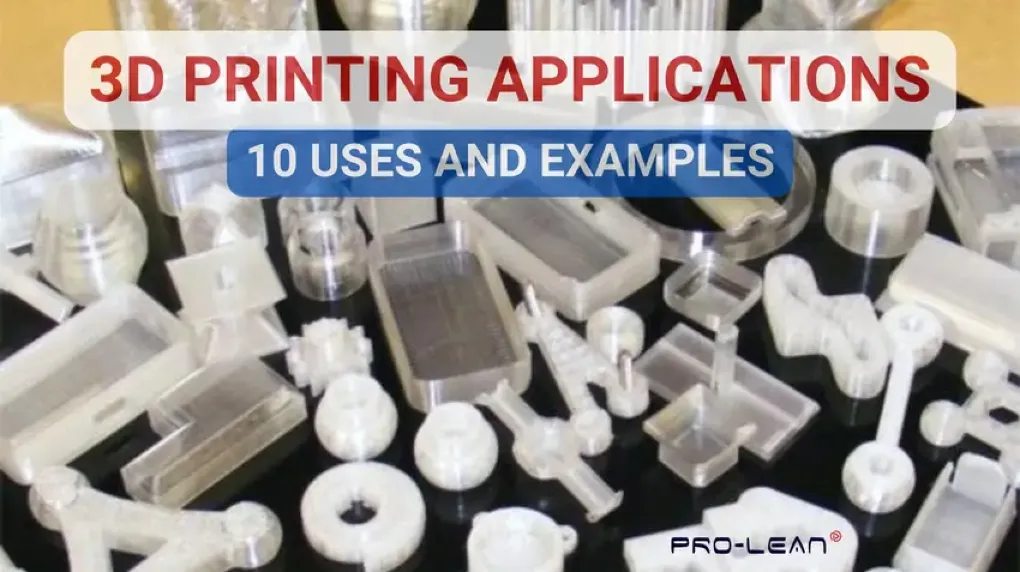 Assorted 3D printed clear and white parts with text overlay 