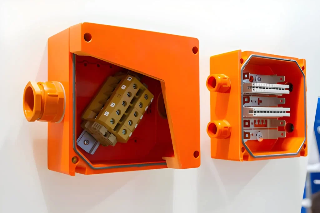 Close-up of an electrical distribution box with breakers inside.
