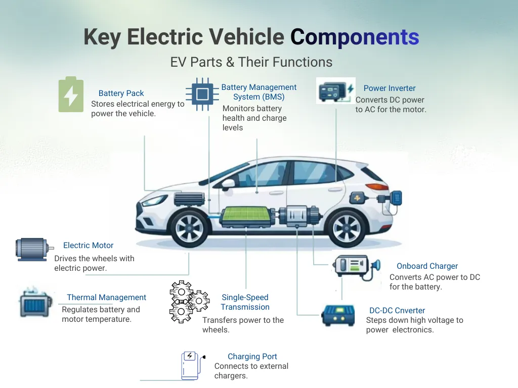 Infographic showing key EV parts and their functions such as the battery pack, electric motor, inverter, charger, and thermal management system.