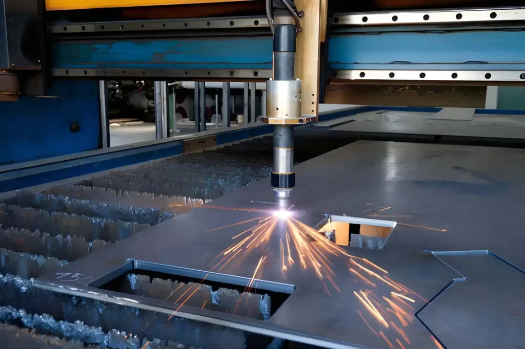 Plasma cutting sheet metal with sparks spreading from the cut