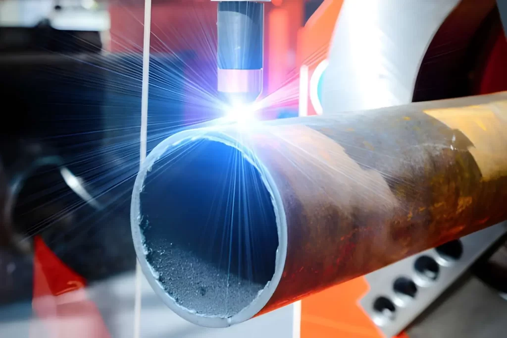Close-up view of a steel pipe during plasma cutting with visible sparks.