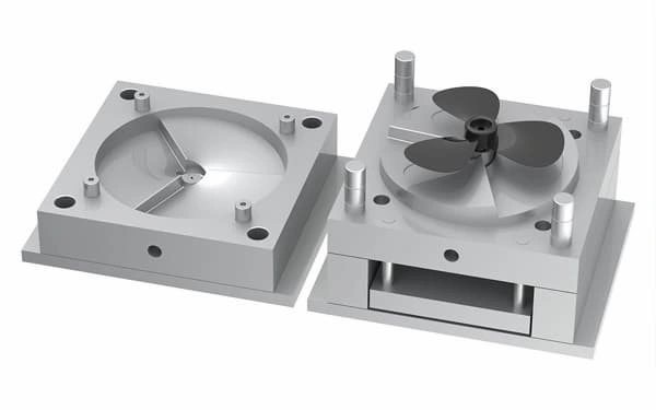An open mold with electric fan blades used for prototyping