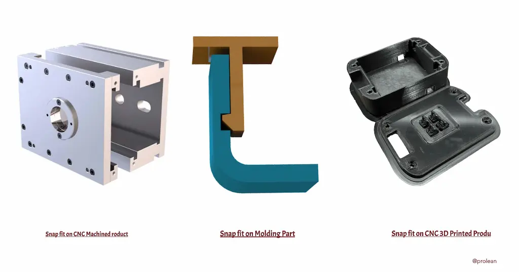 An image showing CNC machined, injection molded, and 3D printed snap-fits