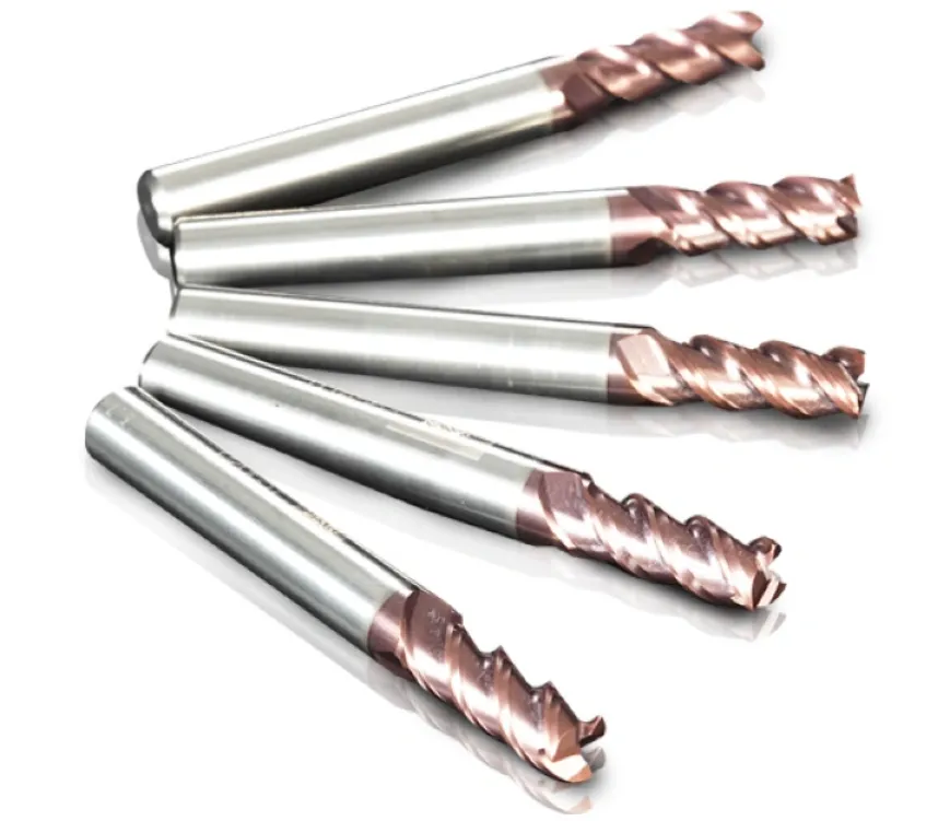 Fanned set of TiAlN-coated carbide cutting tools showing bronze-toned coated flutes