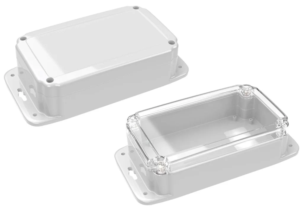 Waterproof plastic enclosure box with its lid open