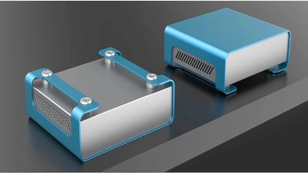 Two sheet metal enclosures of custom electronics with an with an attractive finish