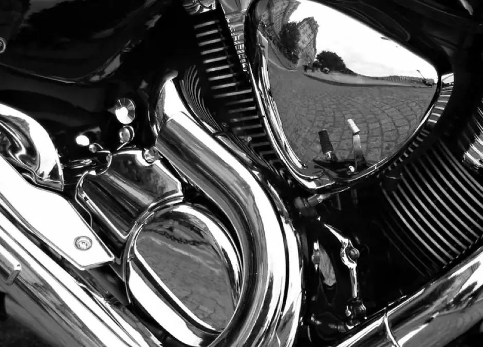Chrome-plated motorcycle engine components with mirror-polished finish