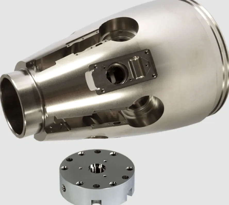 Electroplated conical machined component with cylindrical mounting flange part