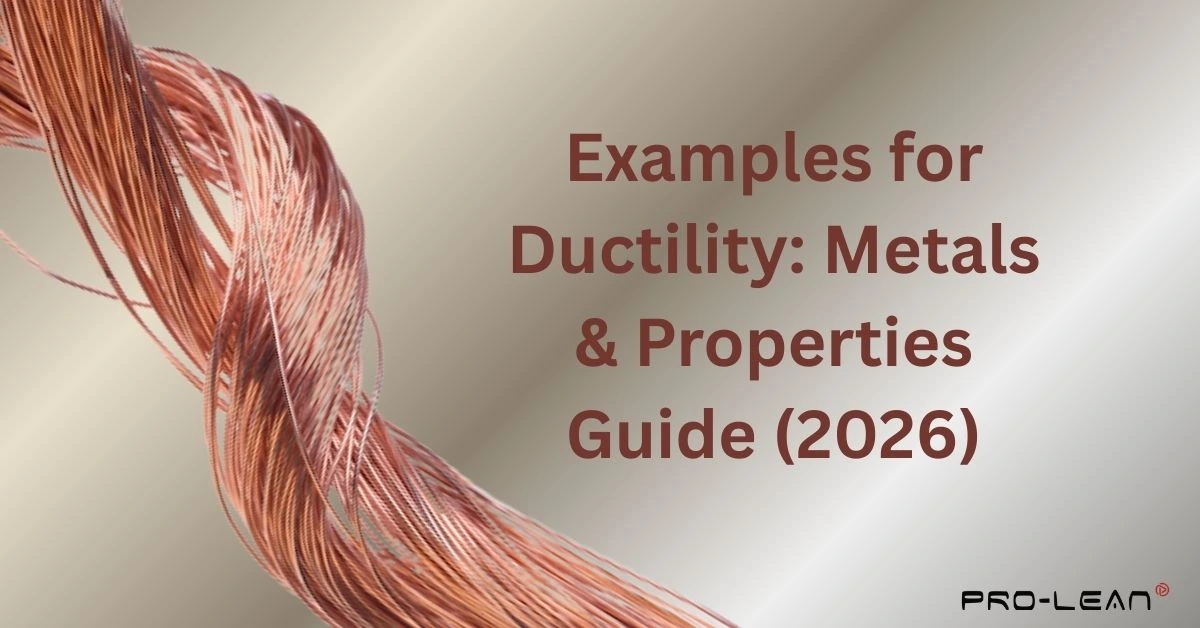 Feature image with a folded wire in the left corner and text “Examples for Ductility: Metals & Properties Guide (2026)” with Prolean tech logo