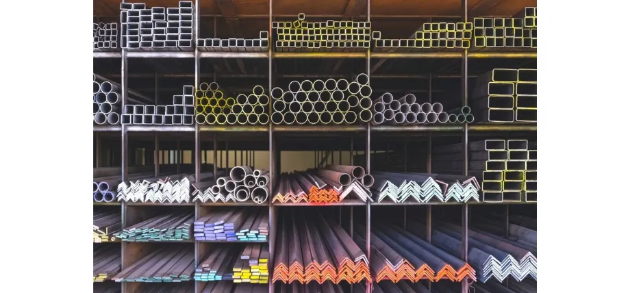 Industrial shelving units organized with various ferrous metal profiles, including square tubing, round pipes, and angle iron.