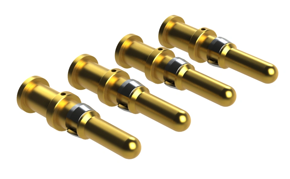 Gold-plated spring-loaded electrical contact pins with rounded tips