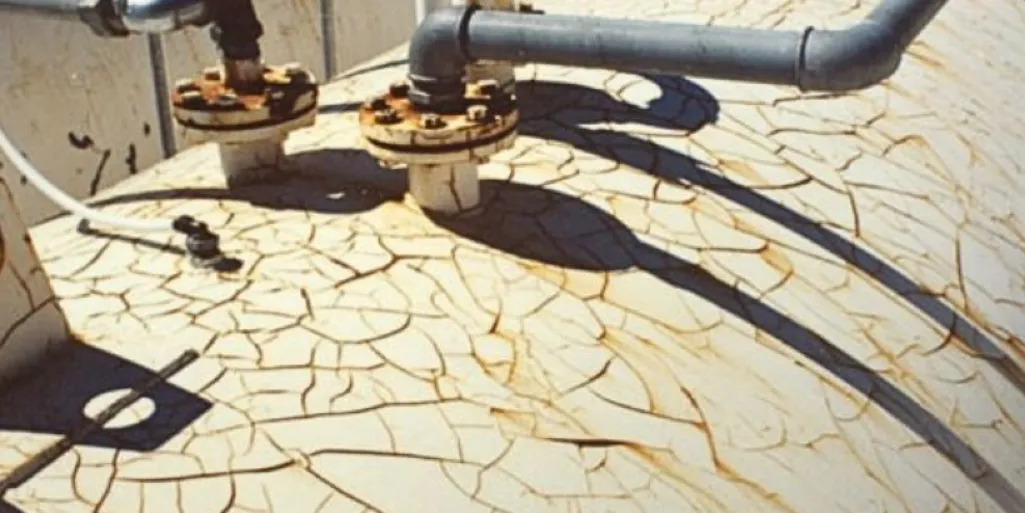 Cracked, failed coating on industrial tank surface