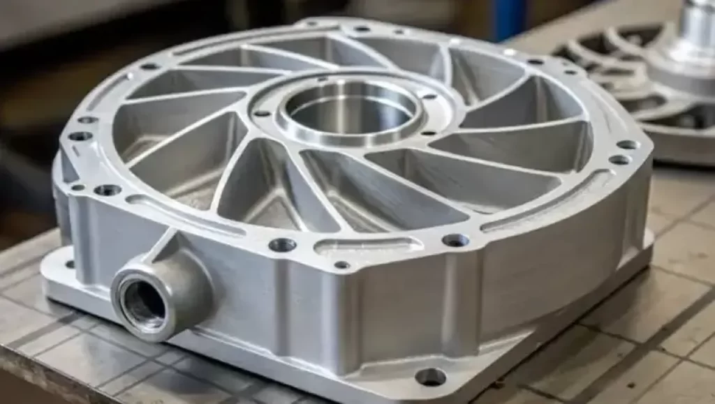 Machined aluminum investment-cast housing with radial spokes, bolt holes, and side ports