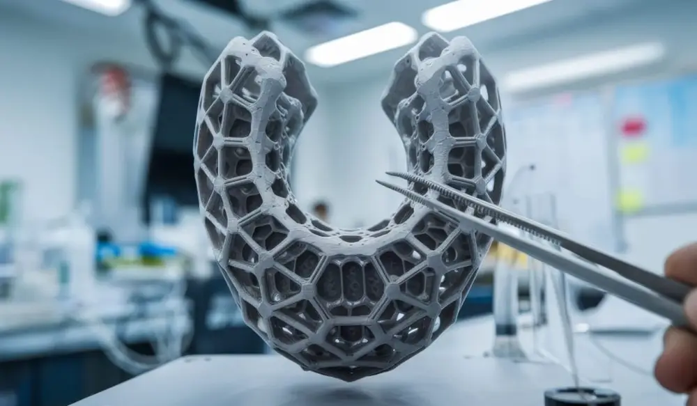 3D printed porous lattice implant held with tweezers in medical lab setting