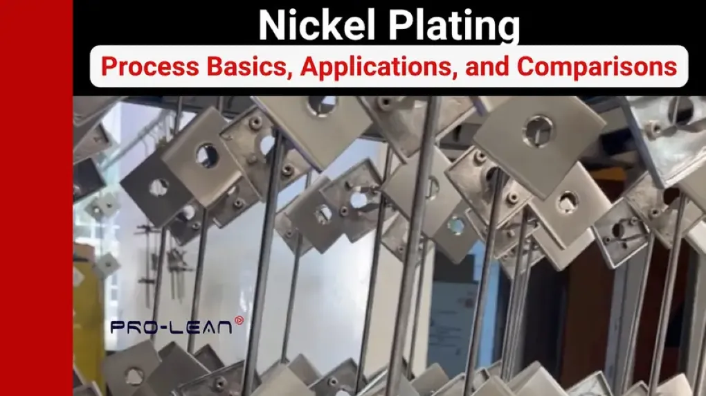 Metal parts on rack during nickel plating process, text overlay