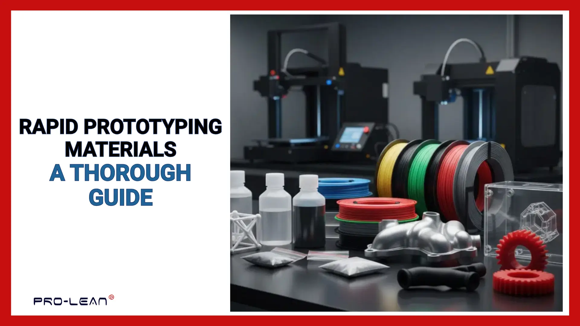 "Rapid Prototyping Materials: A Thorough Guide" text overlay beside 3D printers, filament spools, resin bottles, and printed parts