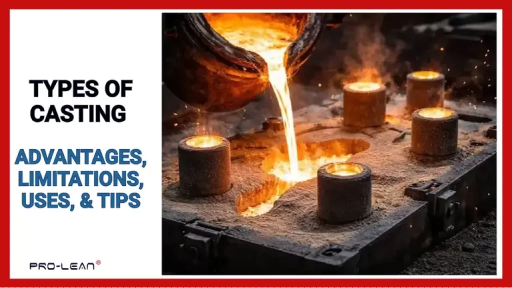 Molten metal poured into sand casting molds, with text overlay reading