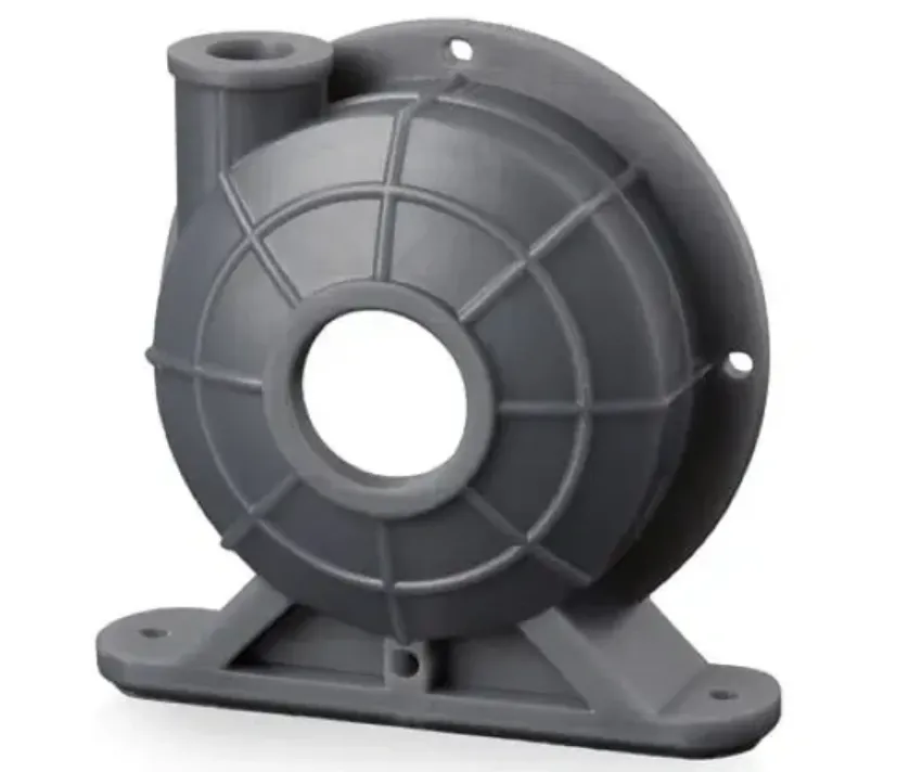 Gray plastic vacuum-cast pump housing part with ribbed circular design and mounting base
