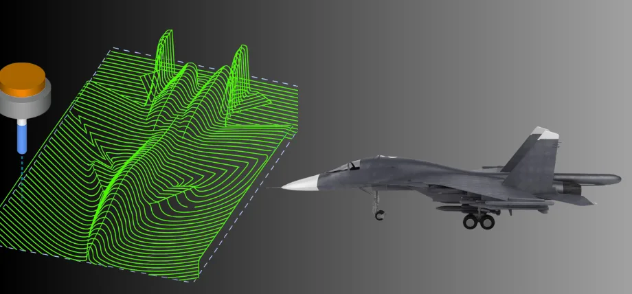 Digital preview of green wavy toolpath lines applied to a rectangular workpiece beside a rendered gray fighter jet model, illustrating complex CNC surfacing.