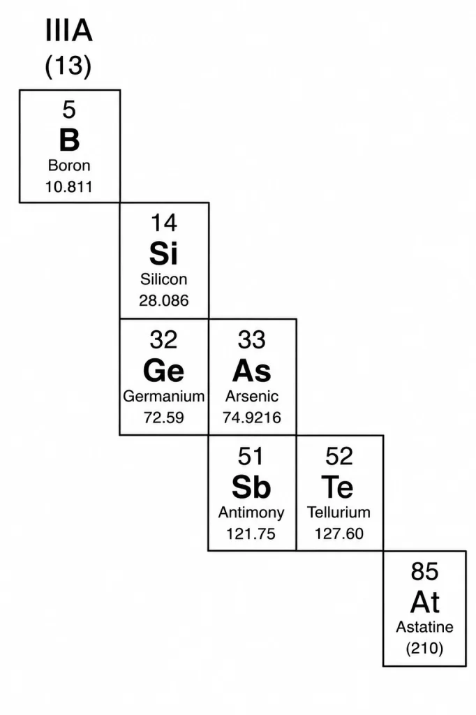 An image showing the commonly recognized metalloid elements: Boron, Silicon, Germanium, Arsenic, Antimony, and Tellurium.