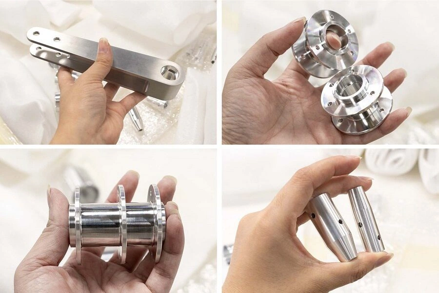 Precision-machined aerospace prototypes; aluminum brackets, circular flanges, cylindrical assemblies, and tapered metal parts.